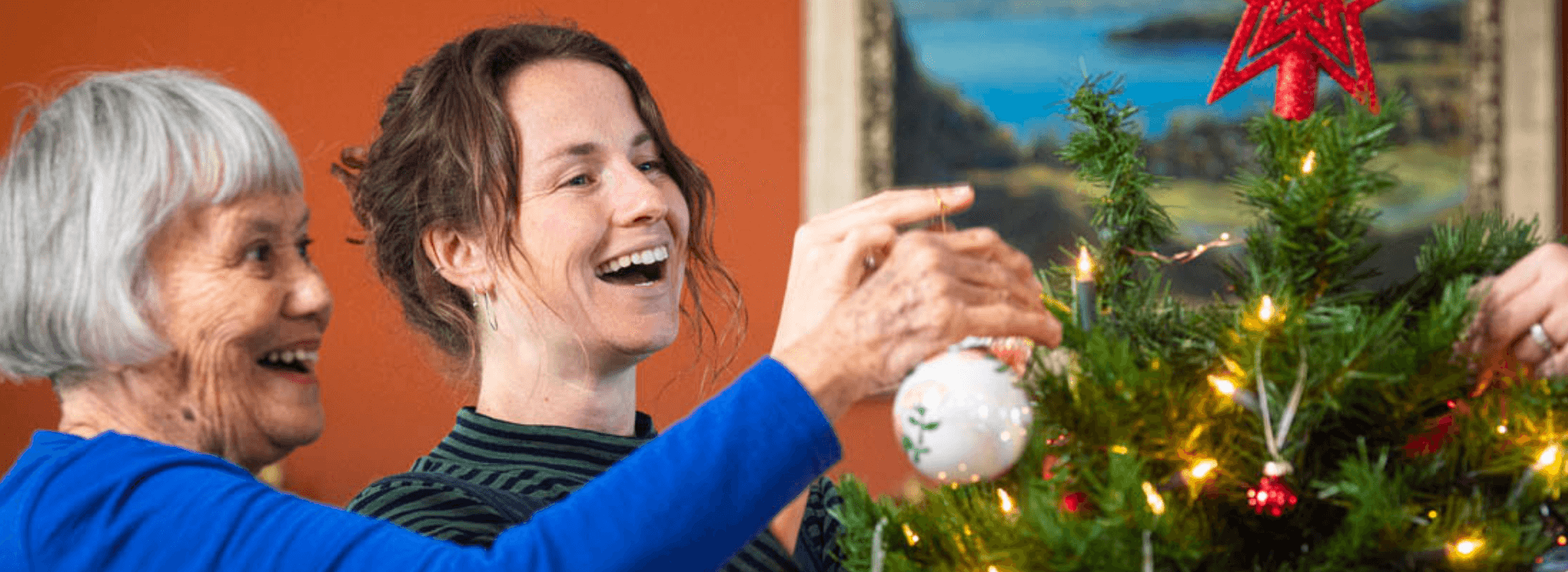 Women hanging baubles on hospice Remembrance Tree